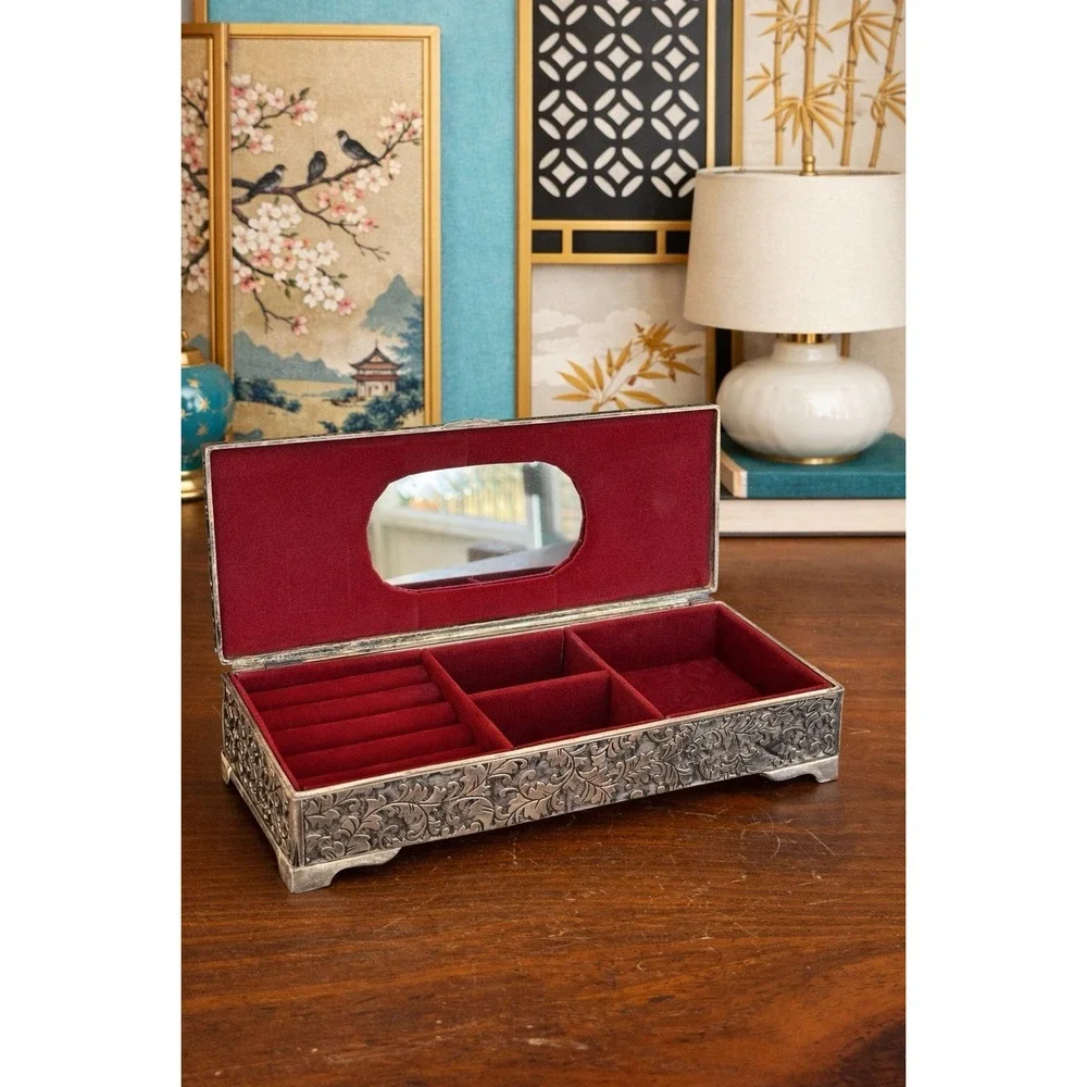 Vintage Jewelry Casket Silver Tone Floral Etched‎ Box w/ Red Velvet Lining Heavy
